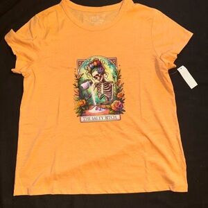 Time and Tru Vibrant Orange Tee with Skeleton Graphic